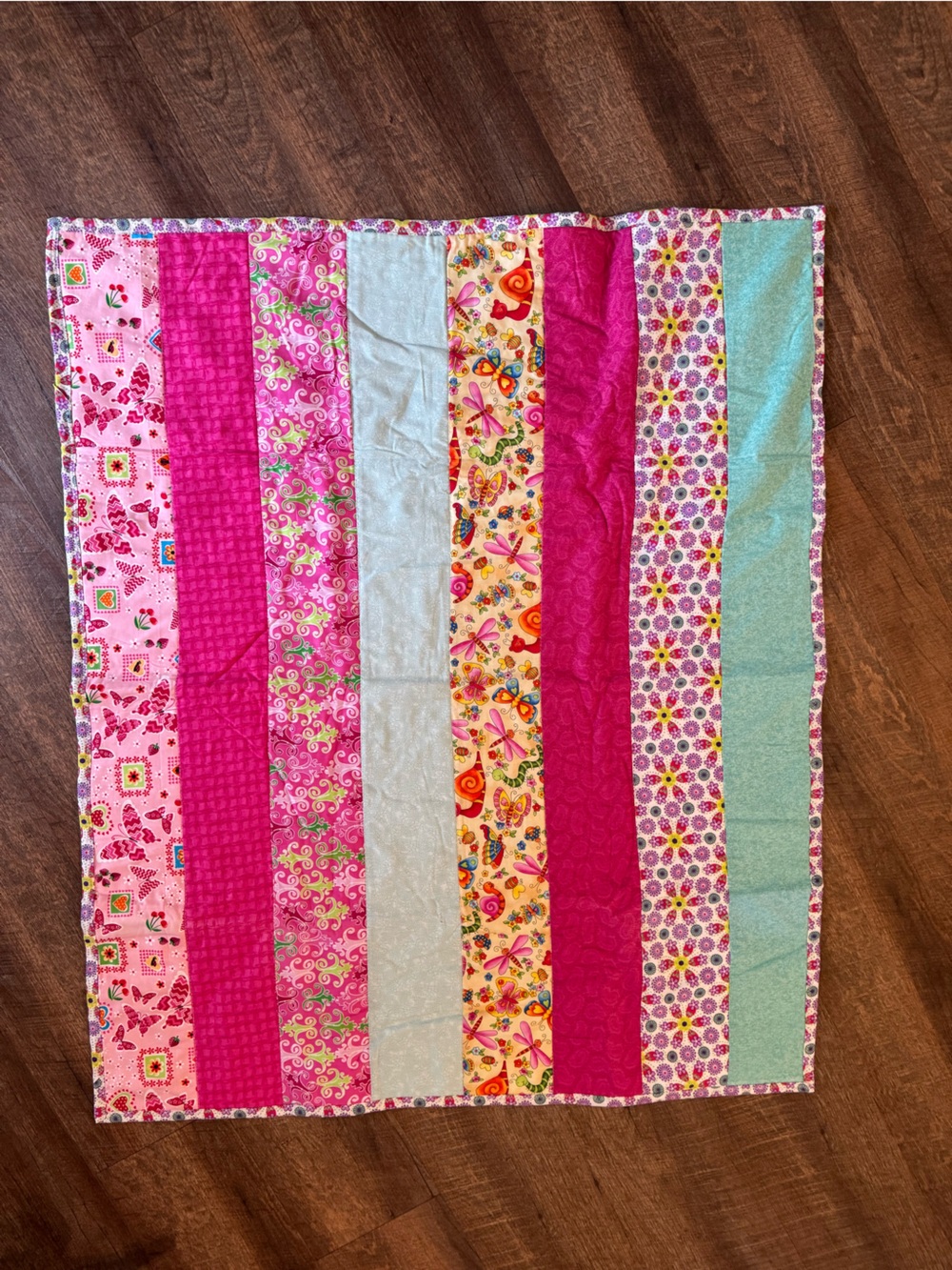 Hand Crafted Pink & Aqua Striped Patchwork Quilt 34 x 42